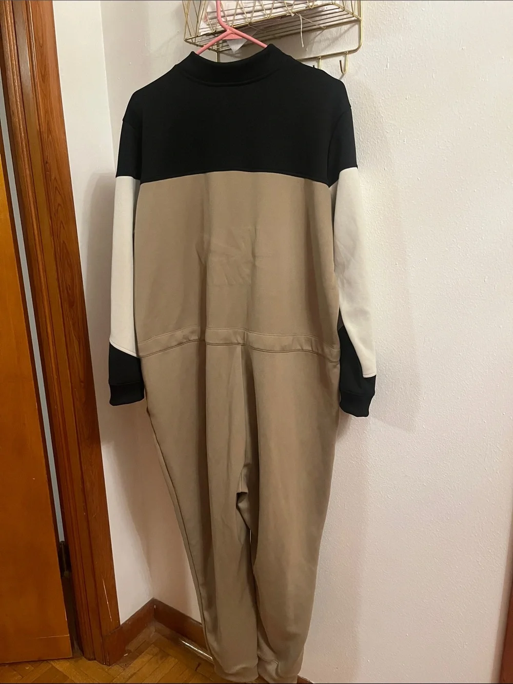 Nike Colorblock Zip-Front Jumpsuit in Olive, Black & Cream